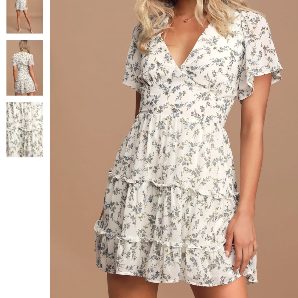 White Floral Print Tiered Short Sleeve Mini Dress (Size M)